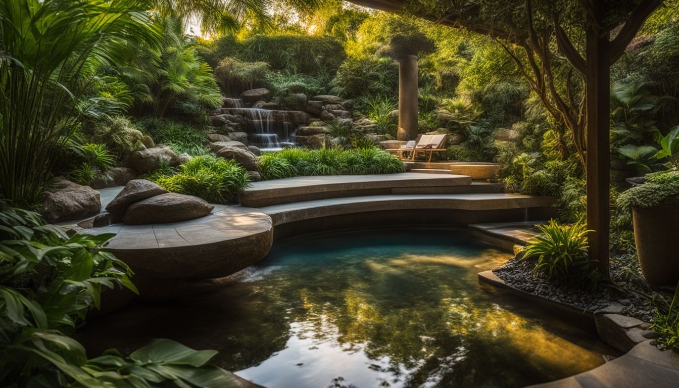 Un tranquilo jardín spa con exuberante vegetación y relajantes fuentes de agua.
