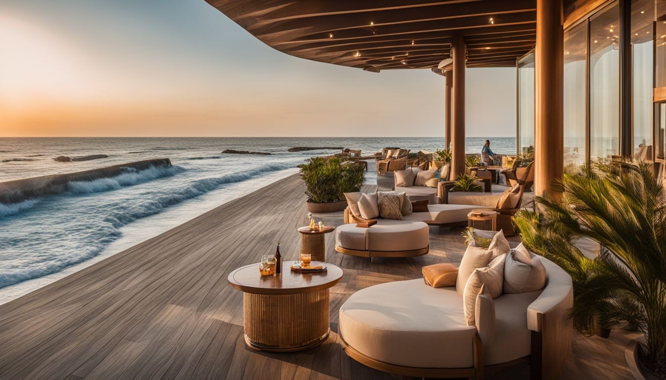 Un lujoso club de playa con una arquitectura elegante y un ambiente animado.