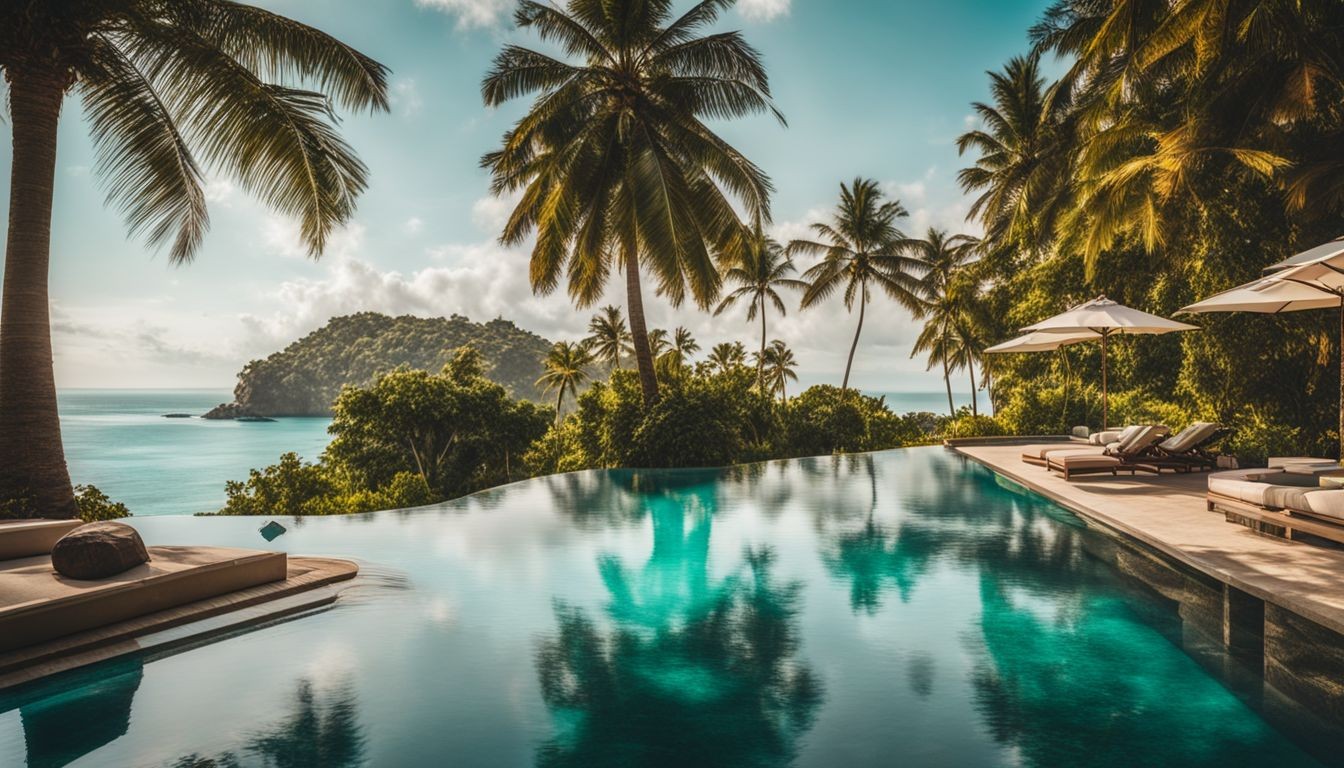 Uma luxuosa piscina infinita com vista para águas azul-turquesa e palmeiras exuberantes.
