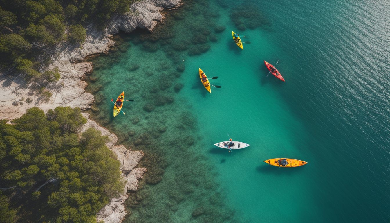 Luftfoto af kajakker og paddleboards på klart vand.