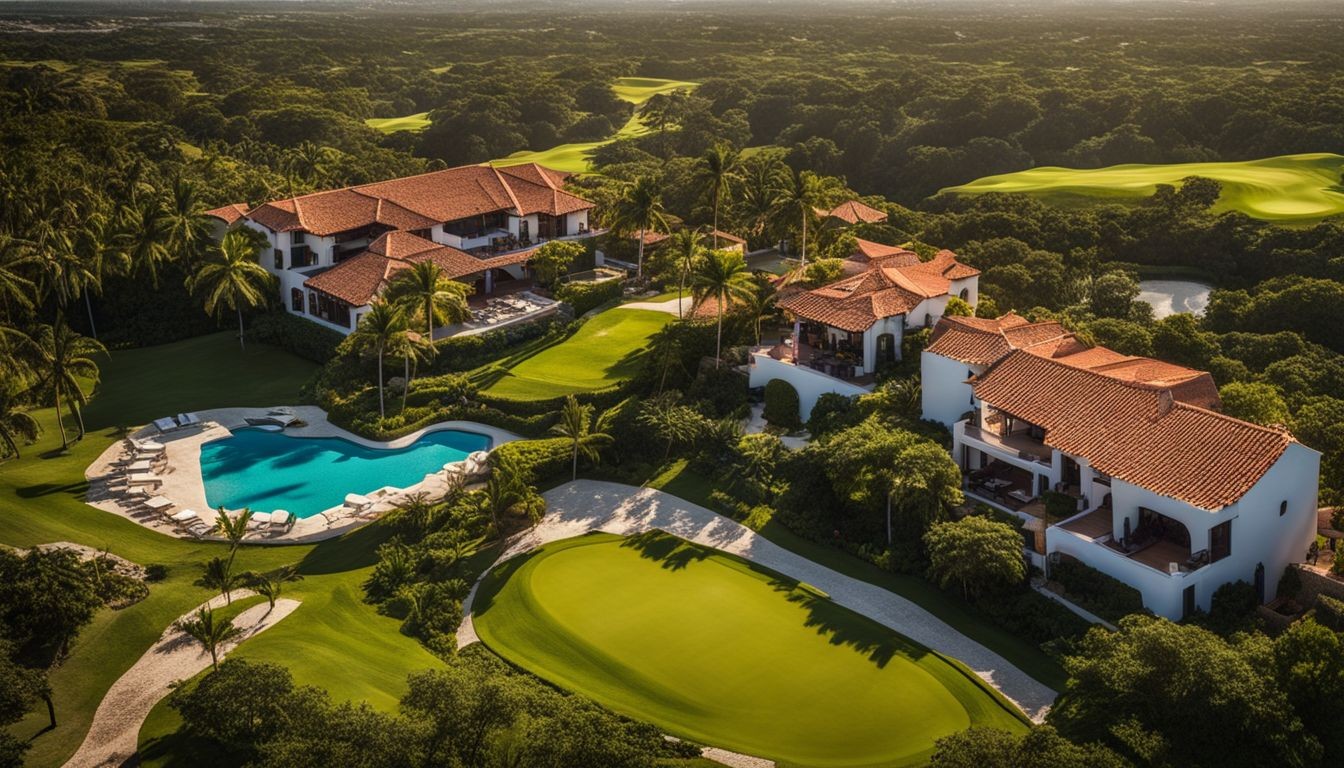 Aerial view of Casa de Campo Resort and Villas overlooking golf course.